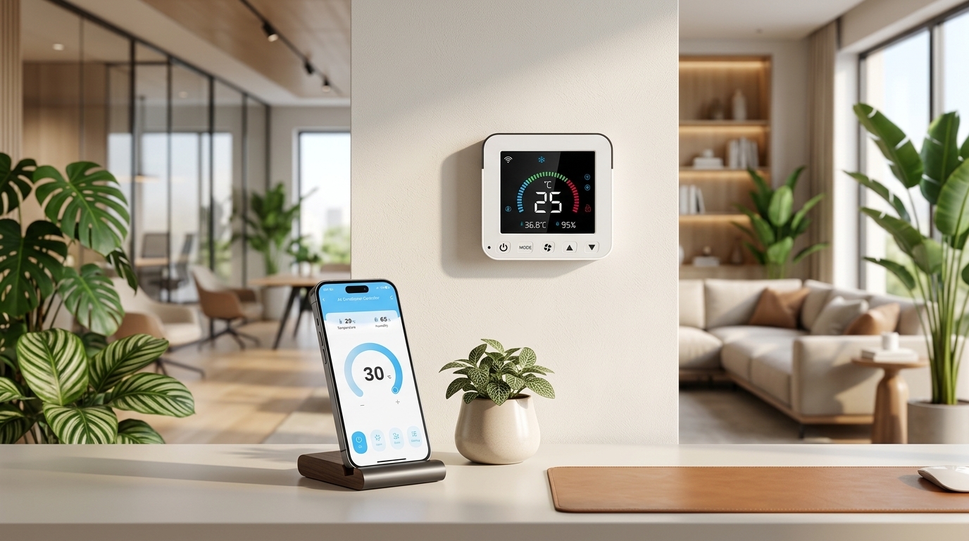 Boîtier connecté Brani Energies et application mobile en situation dans un espace moderne